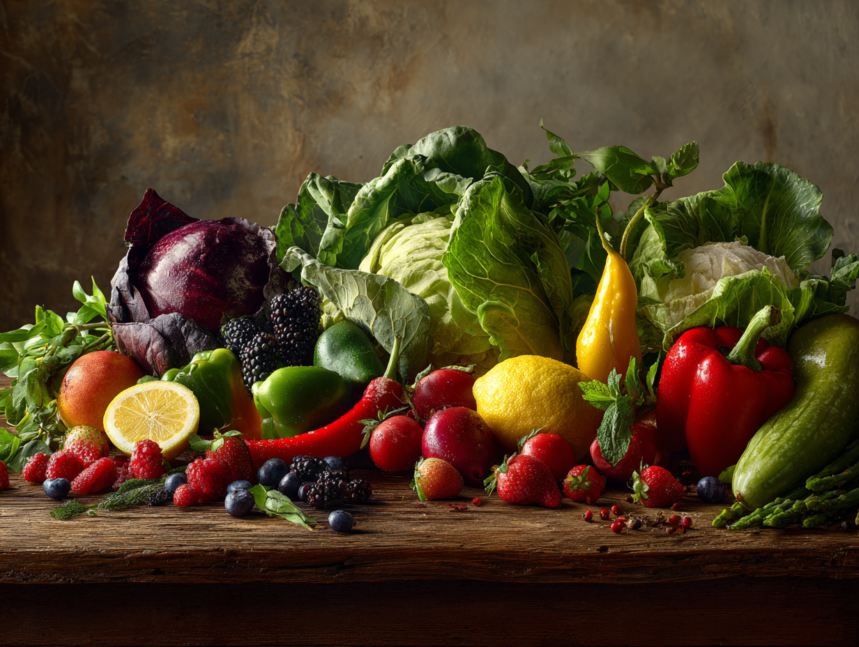 Різнокольорові свіжі овочі та фрукти для збалансованого харчування